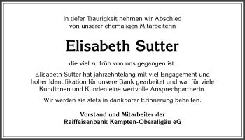Traueranzeige von Elisabeth Sutter von Allgäuer Zeitung,Kempten