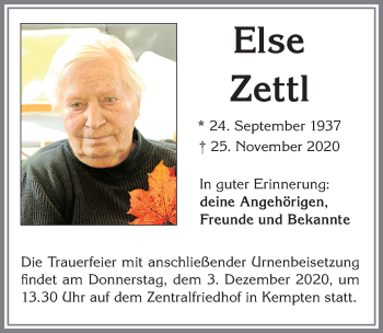 Traueranzeige von Else Zettl von Allgäuer Zeitung,Kempten