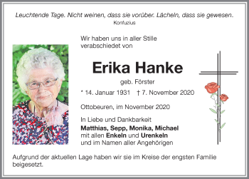 Traueranzeige von Erika Hanke von Memminger Zeitung