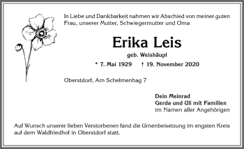 Traueranzeige von Erika Leis von Allgäuer Anzeigeblatt