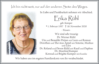 Traueranzeige von Erika Rühl von Allgäuer Zeitung, Füssen