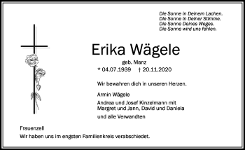 Traueranzeige von Erika Wägele von Allgäuer Zeitung,Kempten