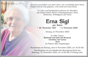Traueranzeige von Erna Sigl von Allgäuer Zeitung, Marktoberdorf