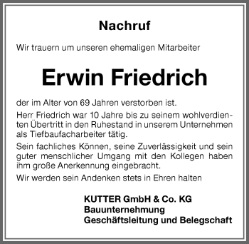 Traueranzeige von Erwin Friedrich von Memminger Zeitung