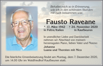Traueranzeige von Fausto Raveane von Allgäuer Zeitung, Kaufbeuren/Buchloe