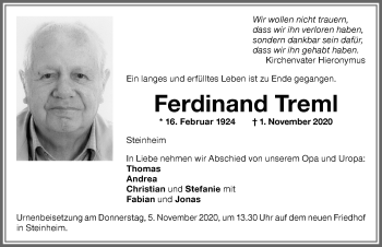Traueranzeige von Ferdinand Treml von Memminger Zeitung