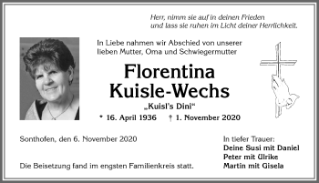 Traueranzeige von Florentina Kuisle-Wechs von Allgäuer Anzeigeblatt