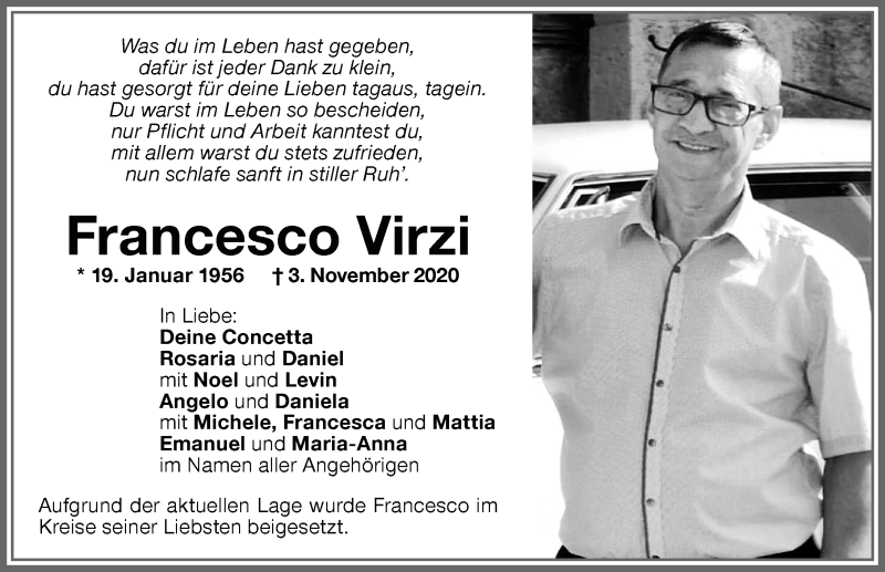  Traueranzeige für Francesco Virzi vom 07.11.2020 aus Memminger Zeitung