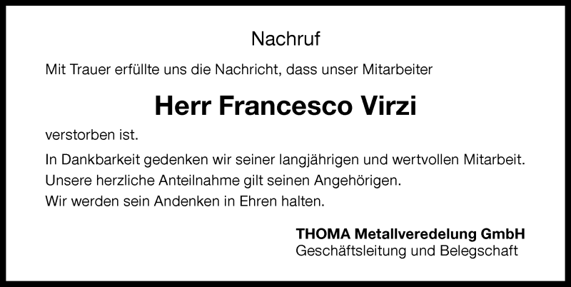  Traueranzeige für Francesco Virzi vom 09.11.2020 aus Memminger Zeitung