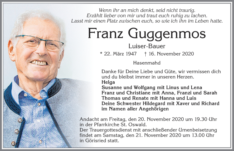  Traueranzeige für Franz Guggenmos vom 19.11.2020 aus Allgäuer Zeitung, Gesamtausgabe
