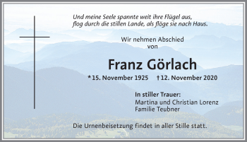 Traueranzeige von Franz Görlach von Allgäuer Zeitung,Kempten