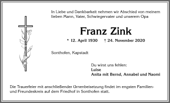 Traueranzeige von Franz Zink von Allgäuer Anzeigeblatt
