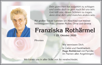 Traueranzeige von Franziska Rothärmel von Allgäuer Zeitung, Füssen