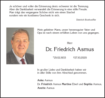 Traueranzeige von Friedrich Asmus von Allgäuer Zeitung, Marktoberdorf