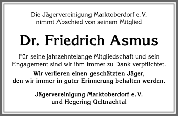 Traueranzeige von Friedrich Asmus von Allgäuer Zeitung, Marktoberdorf