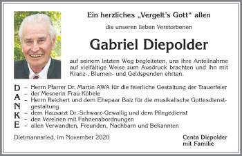 Traueranzeige von Gabriel Diepolder von Allgäuer Zeitung,Kempten