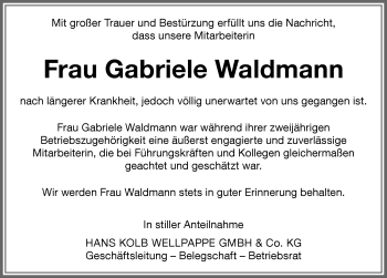 Traueranzeige von Gabriele Waldmann von Memminger Zeitung