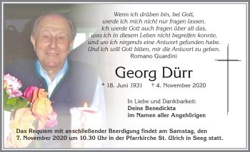 Traueranzeige von Georg Dürr von Allgäuer Zeitung, Füssen
