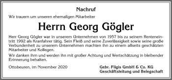 Traueranzeige von Georg Gögler von Memminger Zeitung