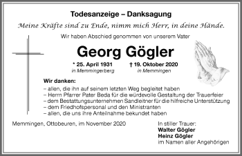 Traueranzeige von Georg Gögler von Memminger Zeitung