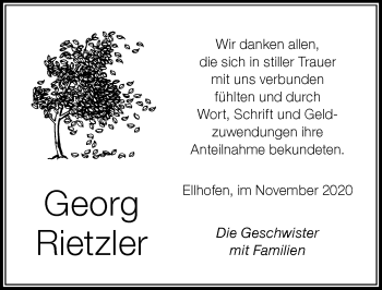 Traueranzeige von Georg Rietzler von Der Westallgäuer