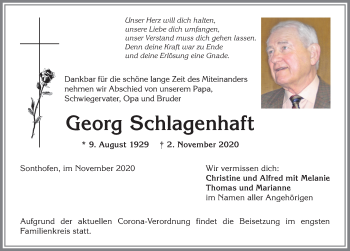 Traueranzeige von Georg Schlagenhaft von Allgäuer Anzeigeblatt