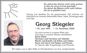 Traueranzeige von Georg Stiegeler von Allgäuer Zeitung, Marktoberdorf