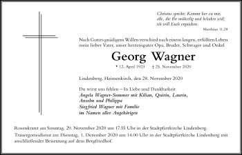 Traueranzeige von Georg Wagner von Der Westallgäuer