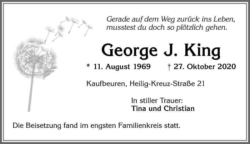  Traueranzeige für George J. King vom 07.11.2020 aus Allgäuer Zeitung, Kaufbeuren/Buchloe
