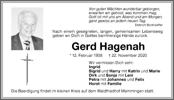 Traueranzeige von Gerd Hagenah von Memminger Zeitung