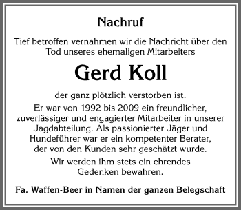 Traueranzeige von Gerd Koll von Allgäuer Zeitung,Kempten