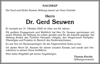 Traueranzeige von Gerd Seuwen von Allgäuer Zeitung,Kempten