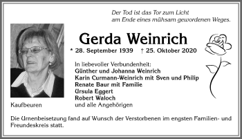 Traueranzeige von Gerda Weinrich von Allgäuer Zeitung, Kaufbeuren/Buchloe