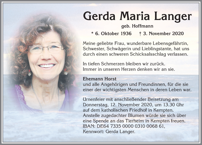  Traueranzeige für Gerda Maria Langer vom 09.11.2020 aus Allgäuer Zeitung,Kempten