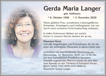 Traueranzeige von Gerda Maria Langer von Allgäuer Zeitung,Kempten