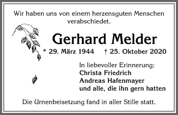 Traueranzeige von Gerhard Melder von Allgäuer Zeitung, Kaufbeuren/Buchloe