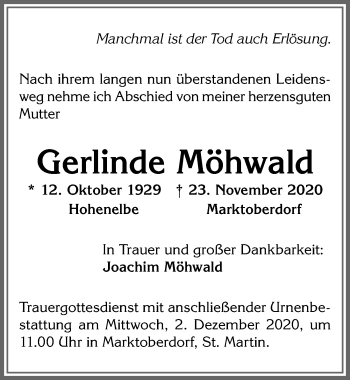 Traueranzeige von Gerlinde Möhwald von Allgäuer Zeitung, Marktoberdorf