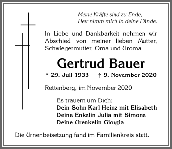 Traueranzeige von Gertrud Bauer von Allgäuer Anzeigeblatt