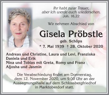 Traueranzeige von Gisela Pröbstle von Allgäuer Zeitung, Marktoberdorf