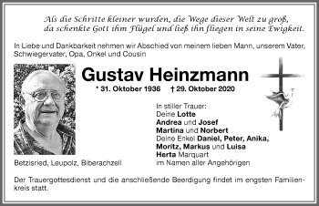 Traueranzeige von Gustav Heinzmann von Memminger Zeitung
