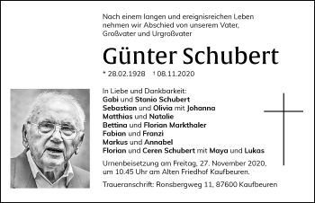 Traueranzeige von Günter Schubert von Allgäuer Zeitung, Kaufbeuren/Buchloe