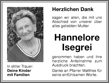 Traueranzeige von Hannelore Isegrei von Memminger Zeitung