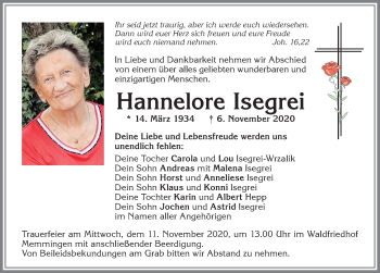 Traueranzeige von Hannelore Isegrei von Memminger Zeitung