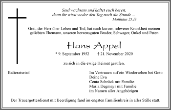 Traueranzeige von Hans Appel von Allgäuer Zeitung, Marktoberdorf