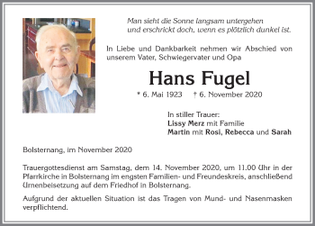 Traueranzeige von Hans Fugel von Allgäuer Zeitung,Kempten
