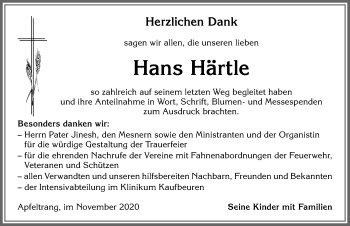 Traueranzeige von Hans Härtle von Allgäuer Zeitung