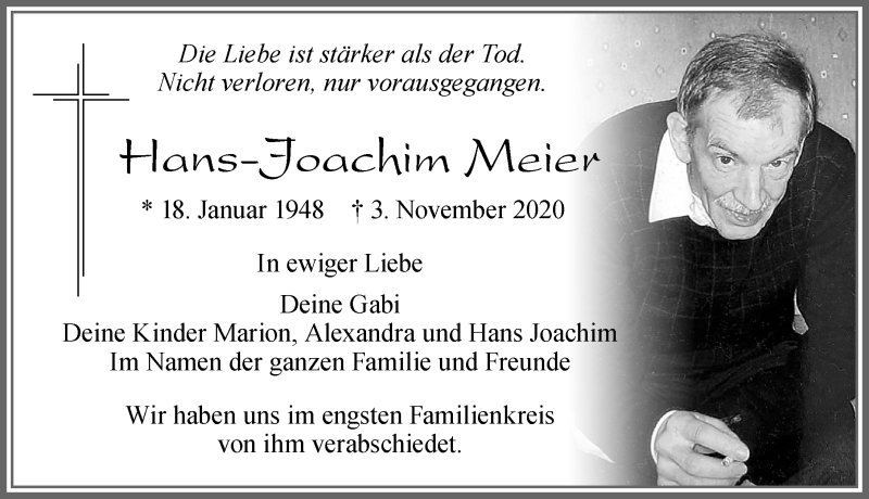  Traueranzeige für Hans-Joachim Meier vom 18.11.2020 aus Allgäuer Zeitung, Füssen