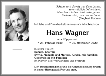Traueranzeige von Hans Wagner von Allgäuer Zeitung, Kaufbeuren/Buchloe