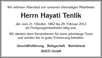 Traueranzeige von Hayati Tenlik von Allgäuer Zeitung, Marktoberdorf