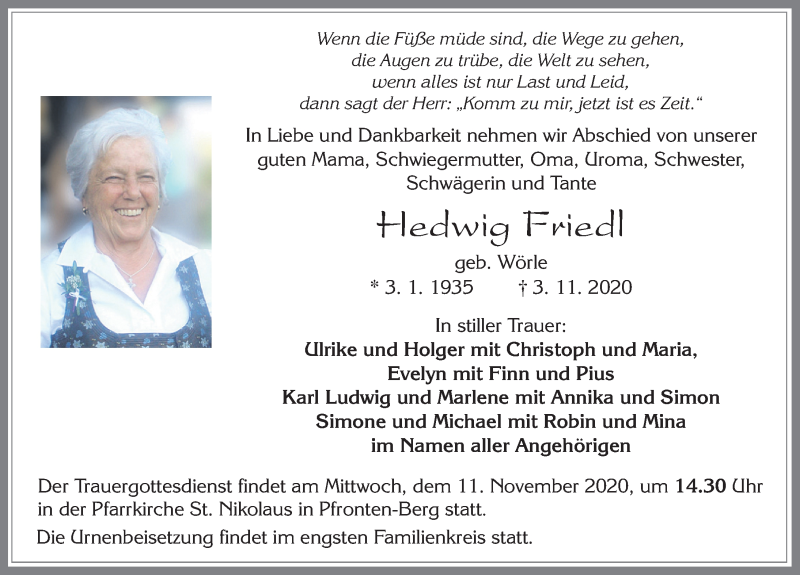  Traueranzeige für Hedwig Friedl vom 07.11.2020 aus Allgäuer Zeitung, Füssen